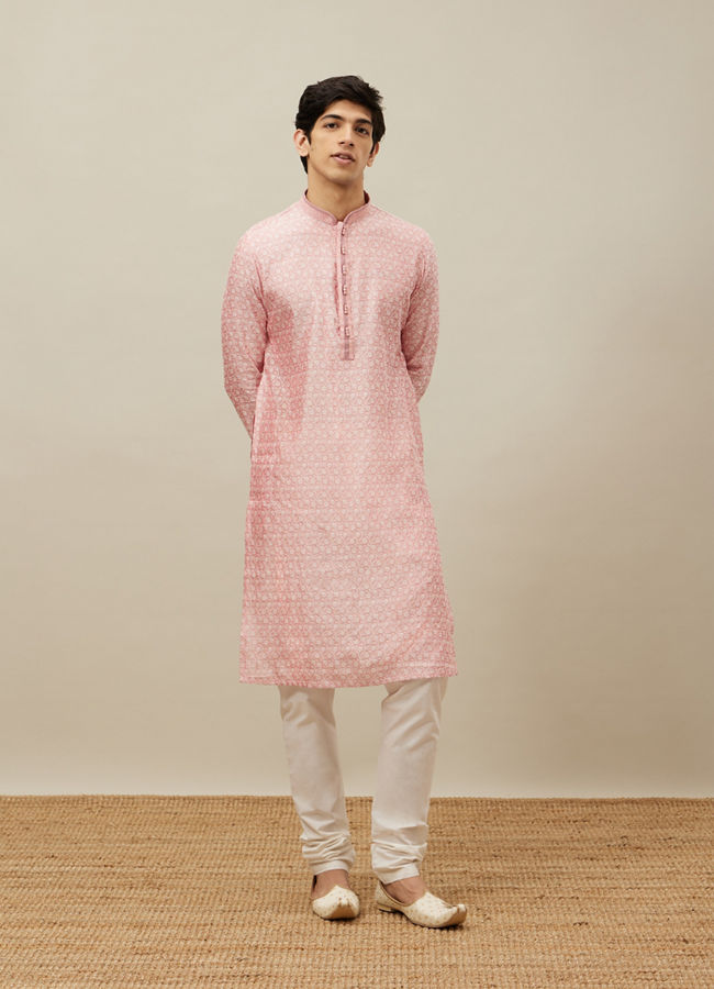 Manyavar Men Veiled Rose Pink Bel Buti Patterned Kurta Set