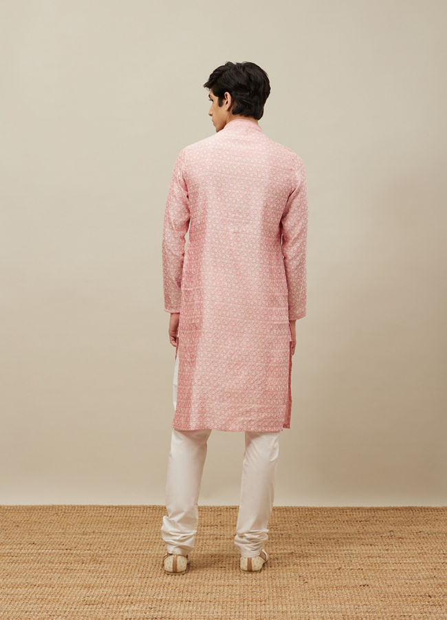 Manyavar Men Veiled Rose Pink Bel Buti Patterned Kurta Set