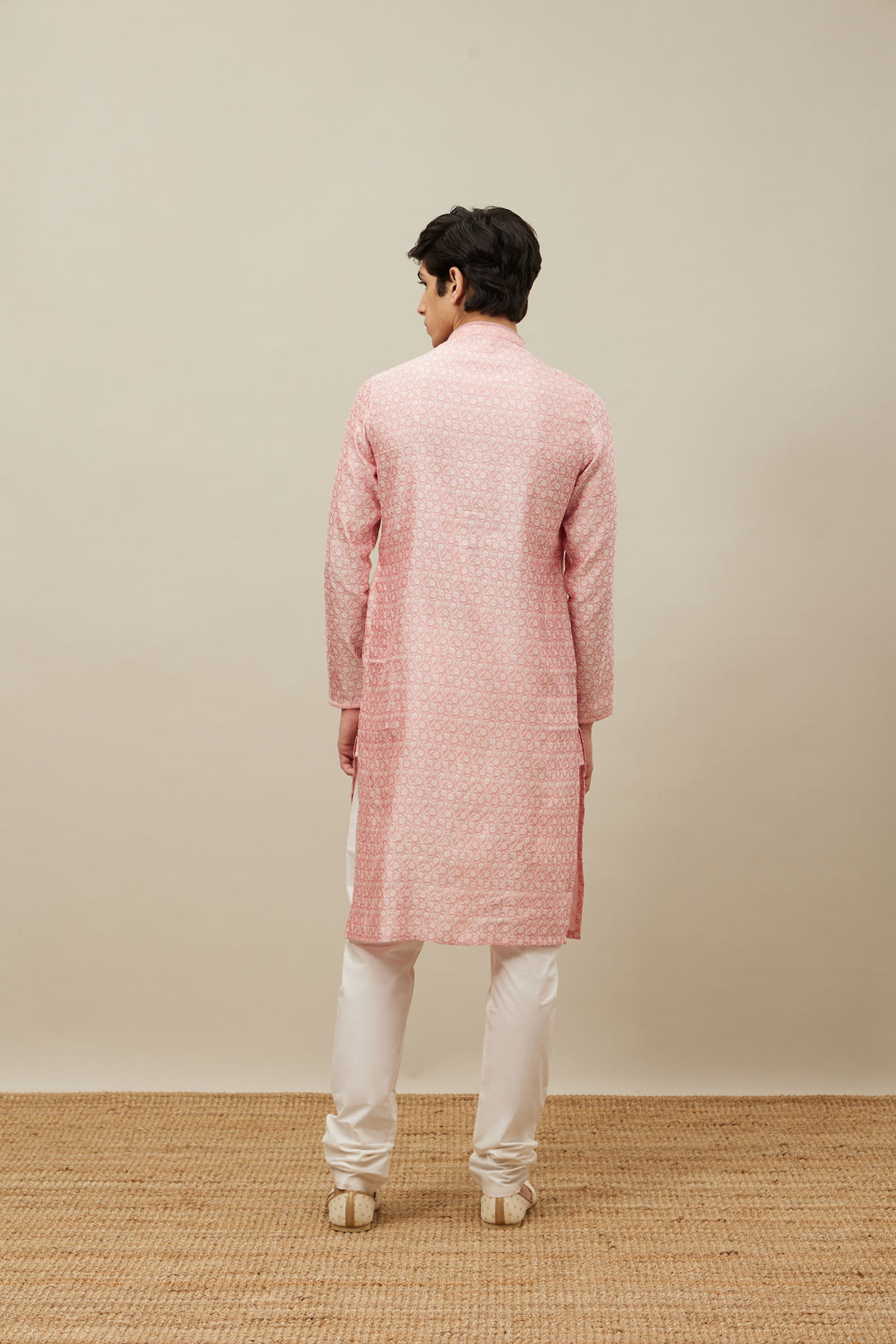 Manyavar Men Veiled Rose Pink Bel Buti Patterned Kurta Set