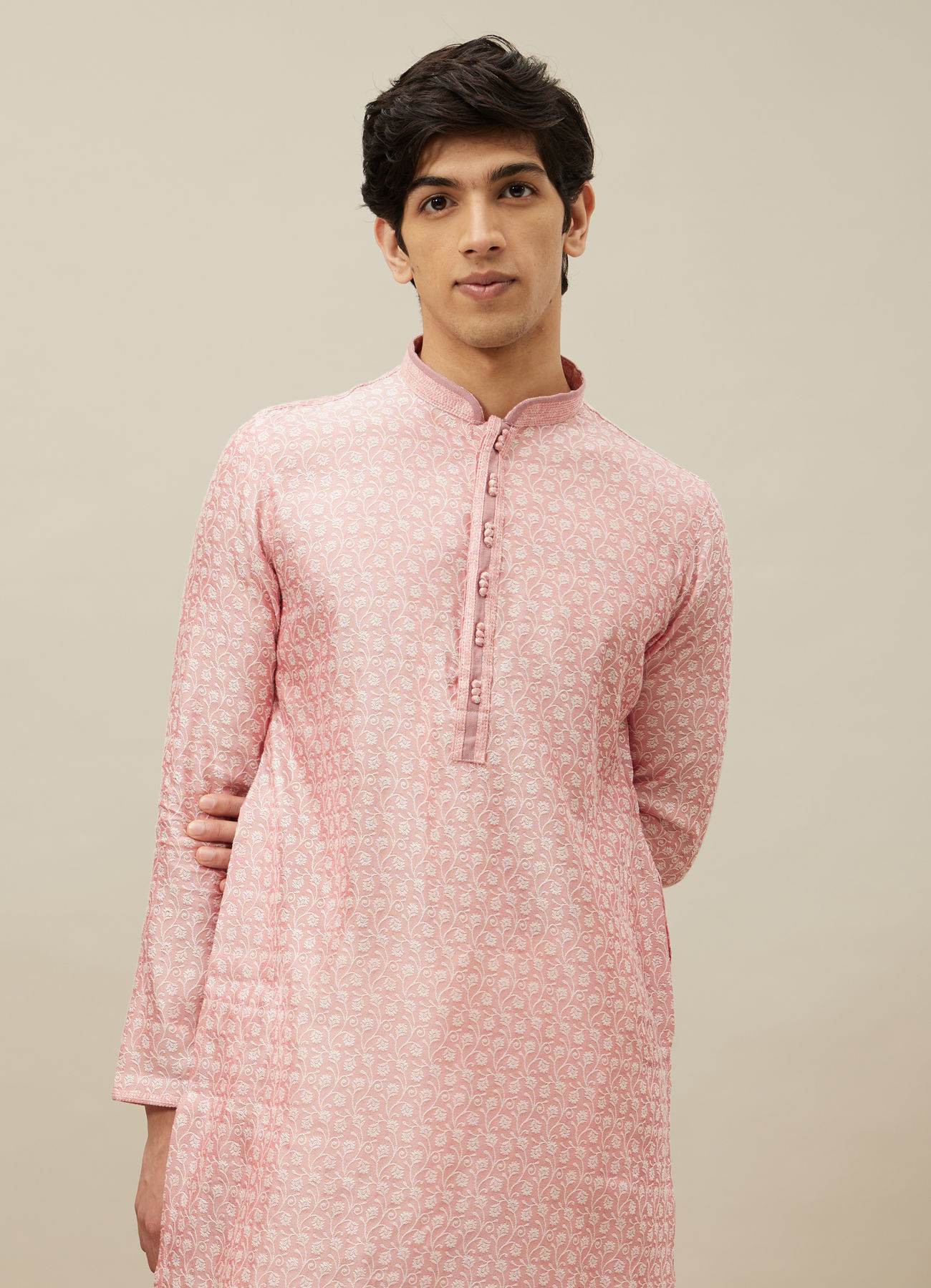 Manyavar Men Veiled Rose Pink Bel Buti Patterned Kurta Set