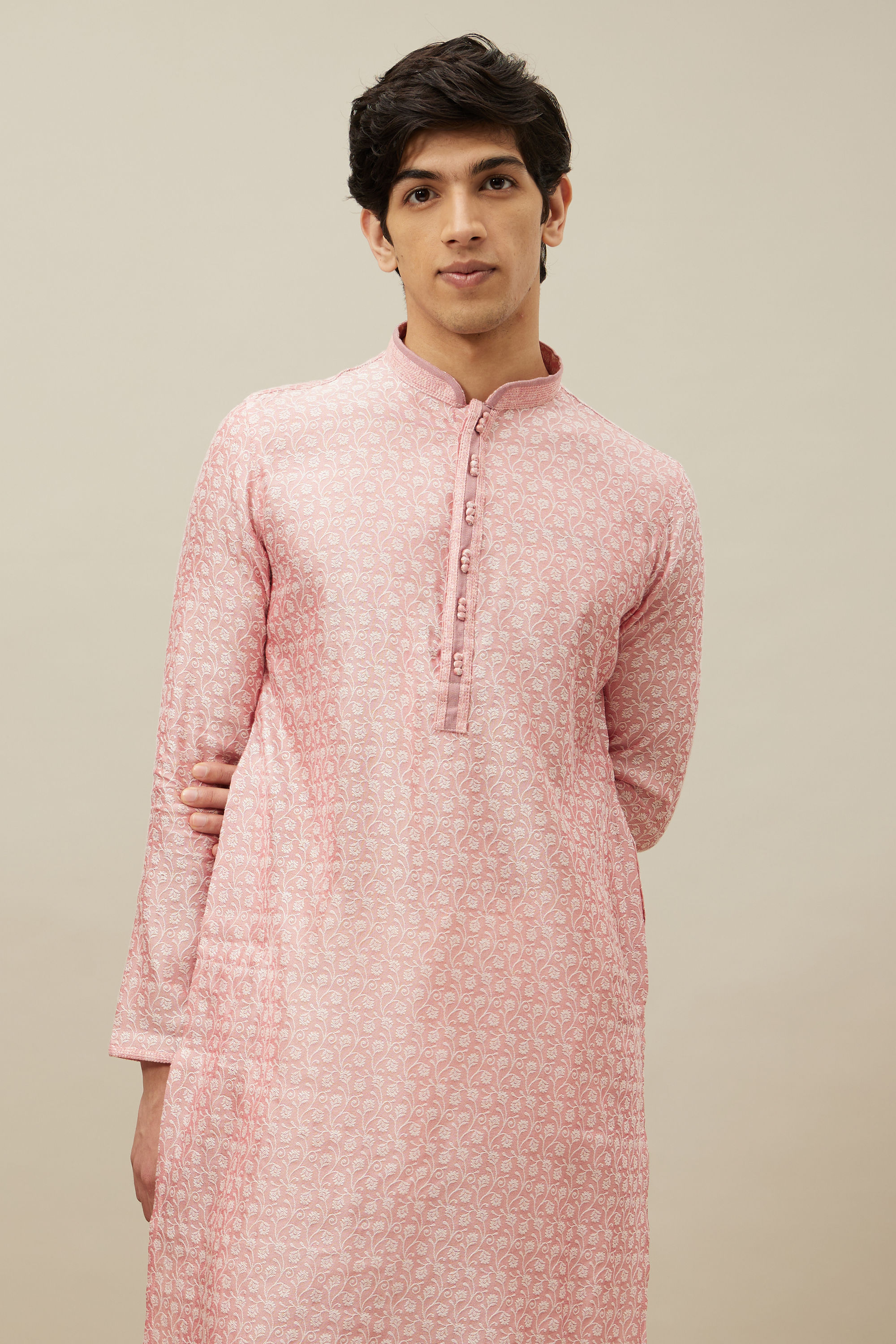 Manyavar Men Veiled Rose Pink Bel Buti Patterned Kurta Set