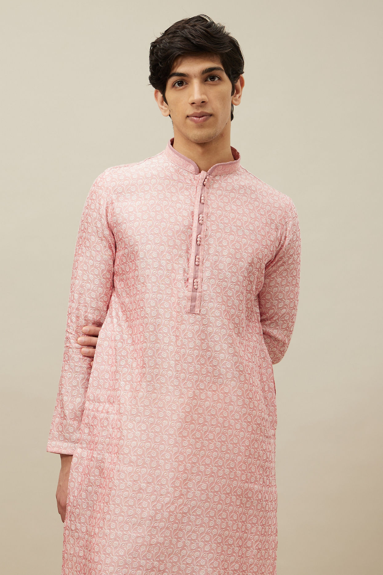 Manyavar Men Veiled Rose Pink Bel Buti Patterned Kurta Set