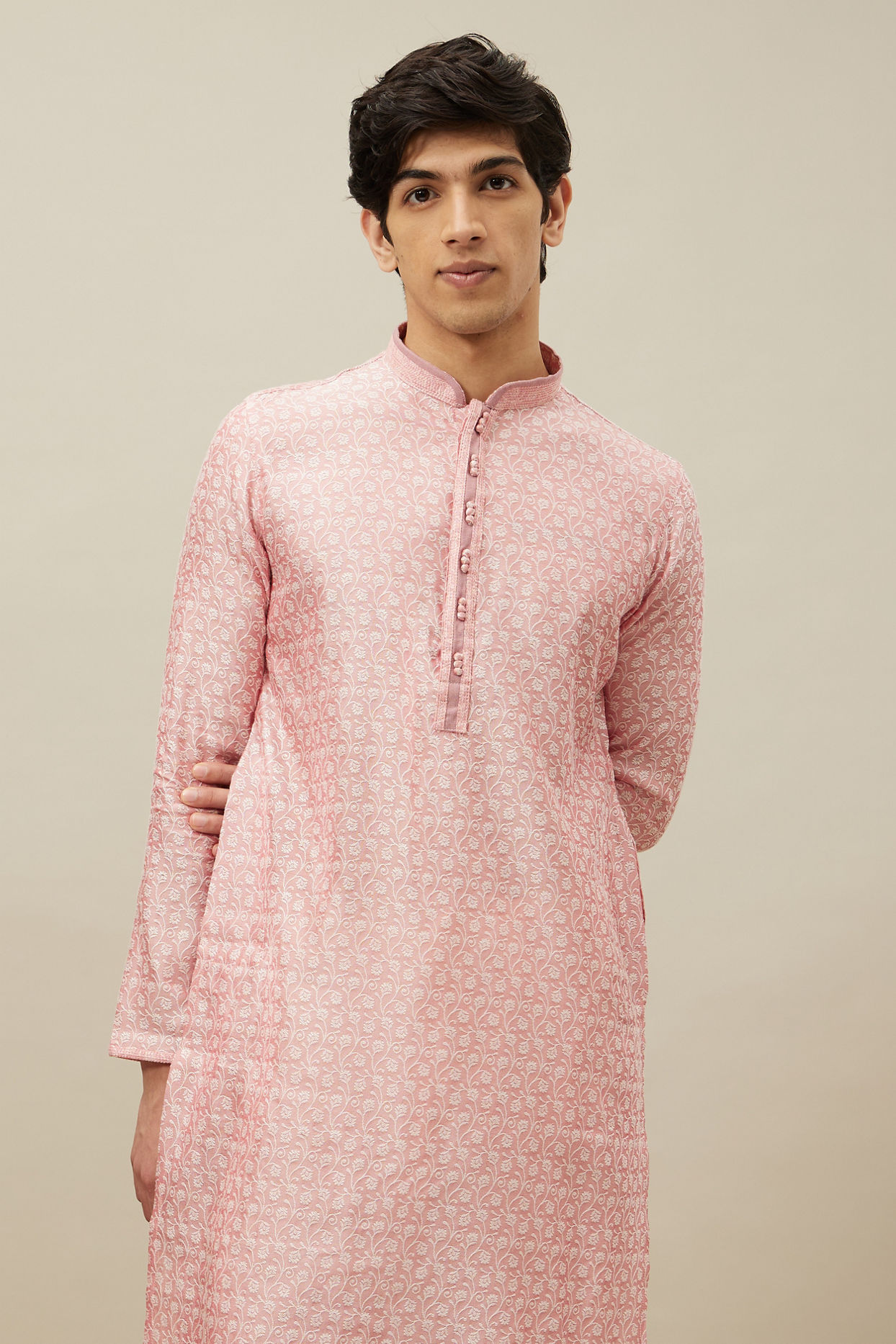 Manyavar Men Veiled Rose Pink Bel Buti Patterned Kurta Set image number 0