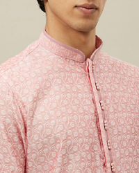 Manyavar Men Veiled Rose Pink Bel Buti Patterned Kurta Set