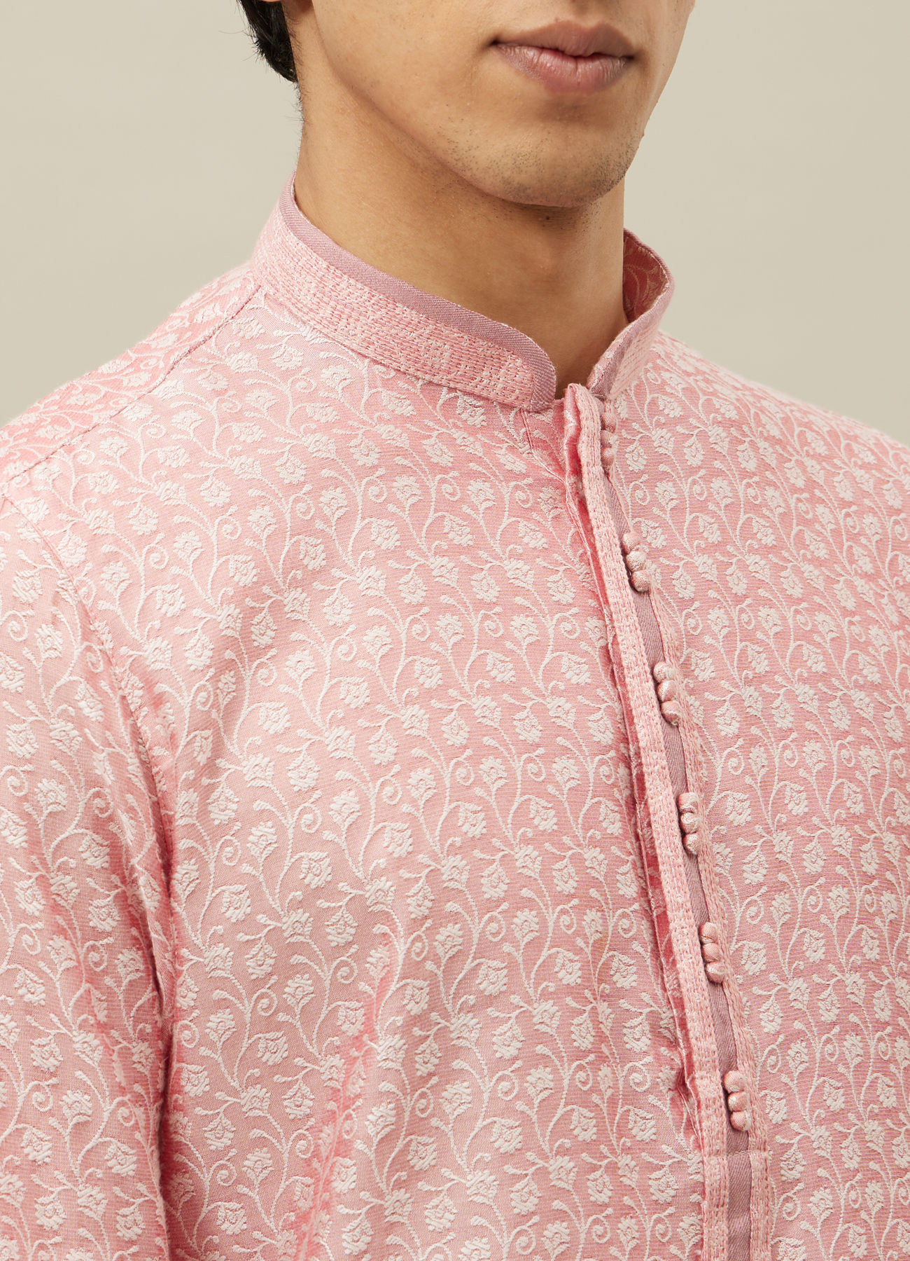 Manyavar Men Veiled Rose Pink Bel Buti Patterned Kurta Set
