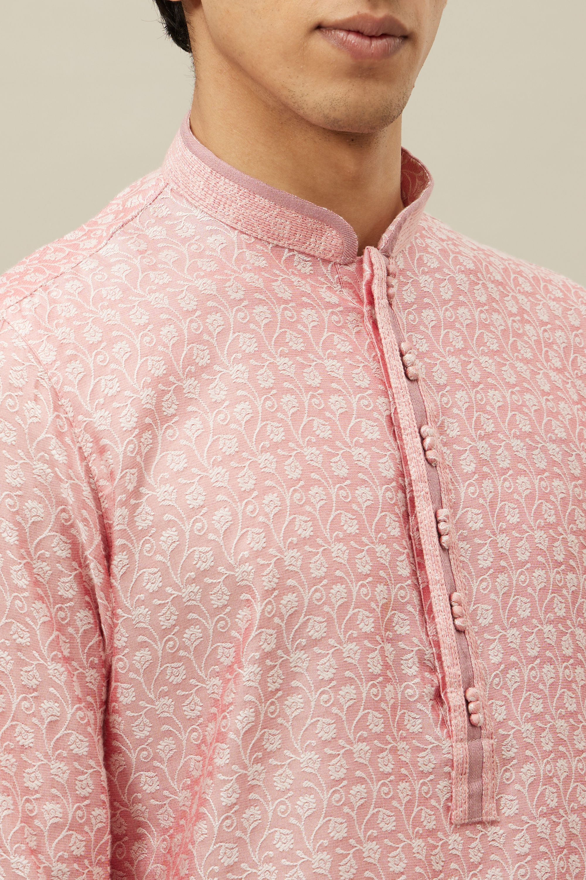 Manyavar Men Veiled Rose Pink Bel Buti Patterned Kurta Set