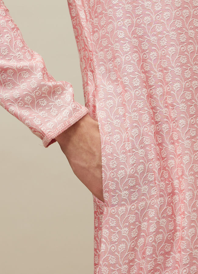 Manyavar Men Veiled Rose Pink Bel Buti Patterned Kurta Set