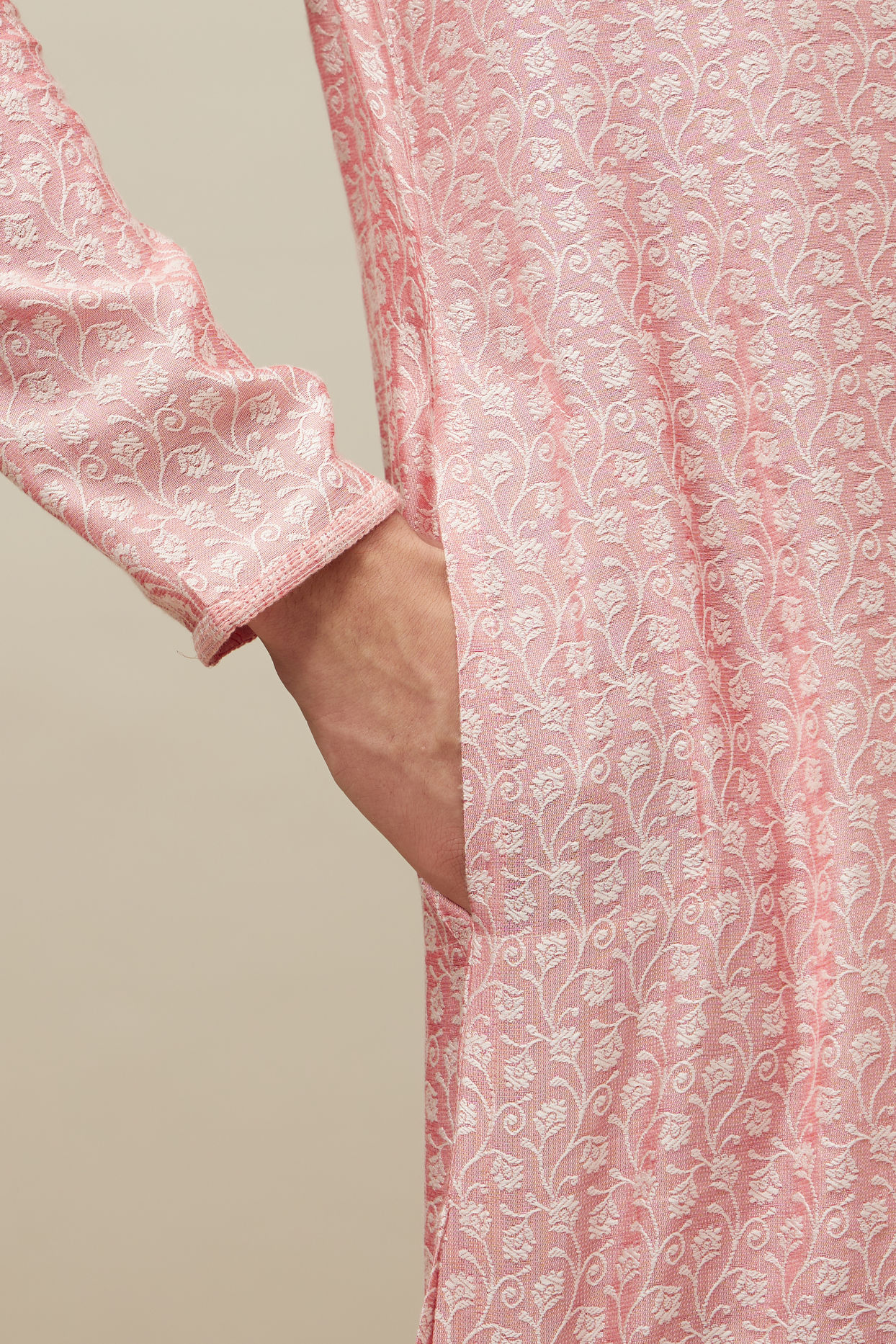 Manyavar Men Veiled Rose Pink Bel Buti Patterned Kurta Set
