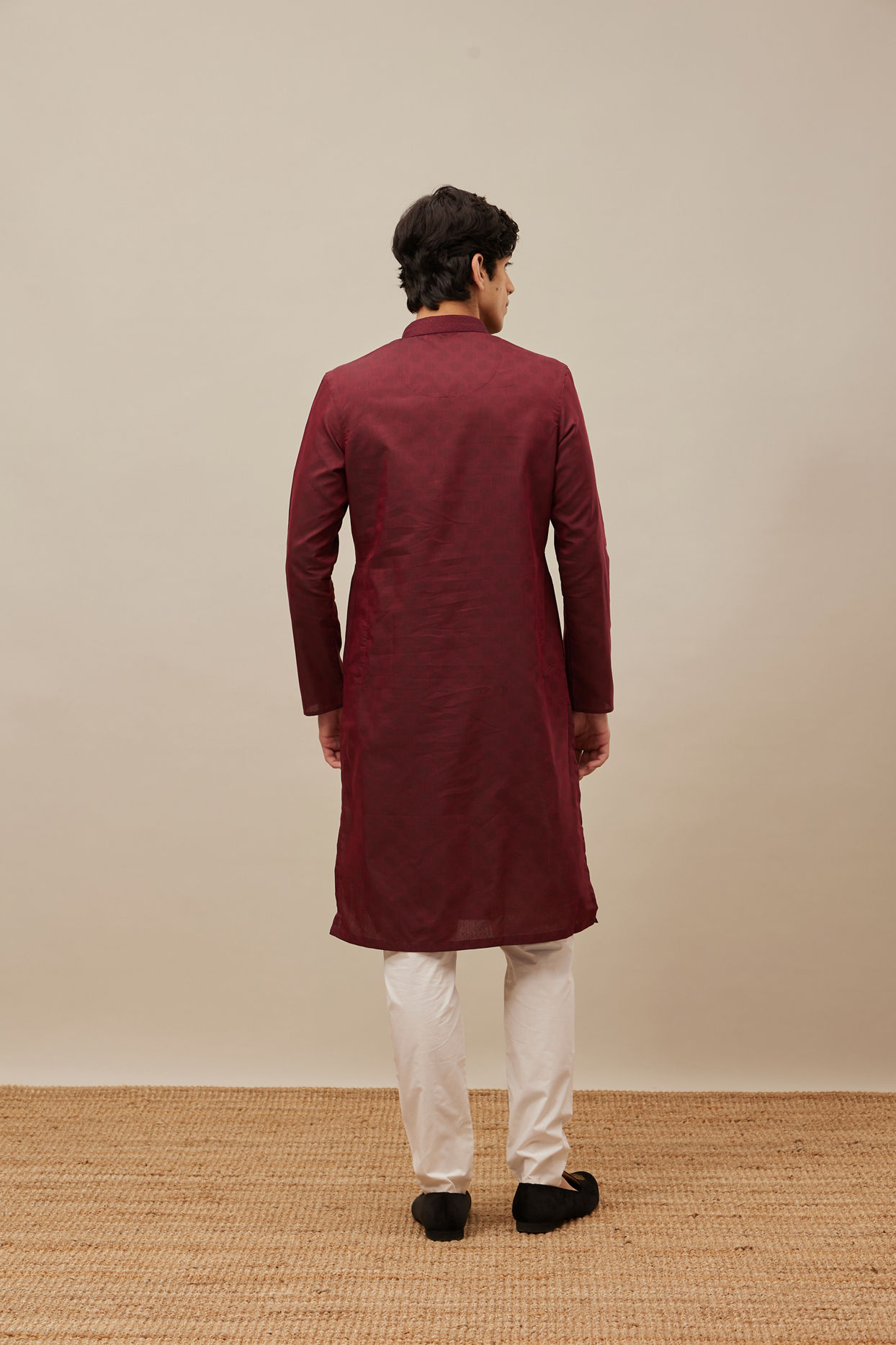 Manyavar Men Chilli Pepper Red Self Patterned Kurta Set