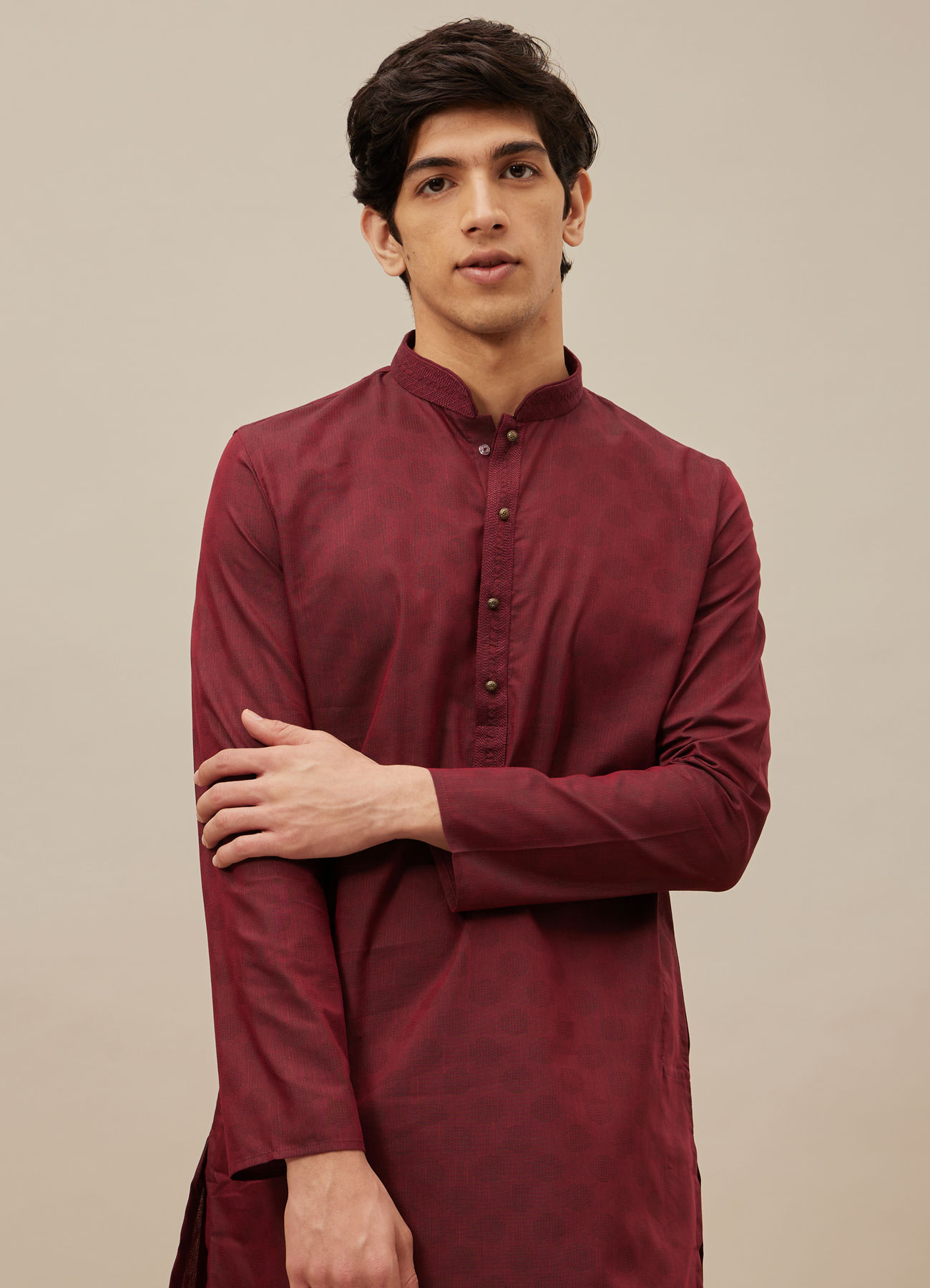 Manyavar Men Chilli Pepper Red Self Patterned Kurta Set