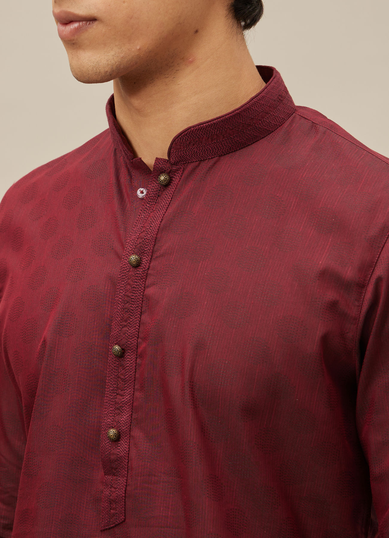 Manyavar Men Chilli Pepper Red Self Patterned Kurta Set