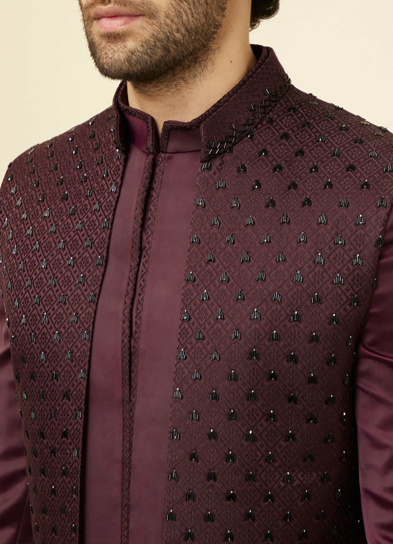 Manyavar Men Mauve Wine Chaukadi Patterned Indo Western Set