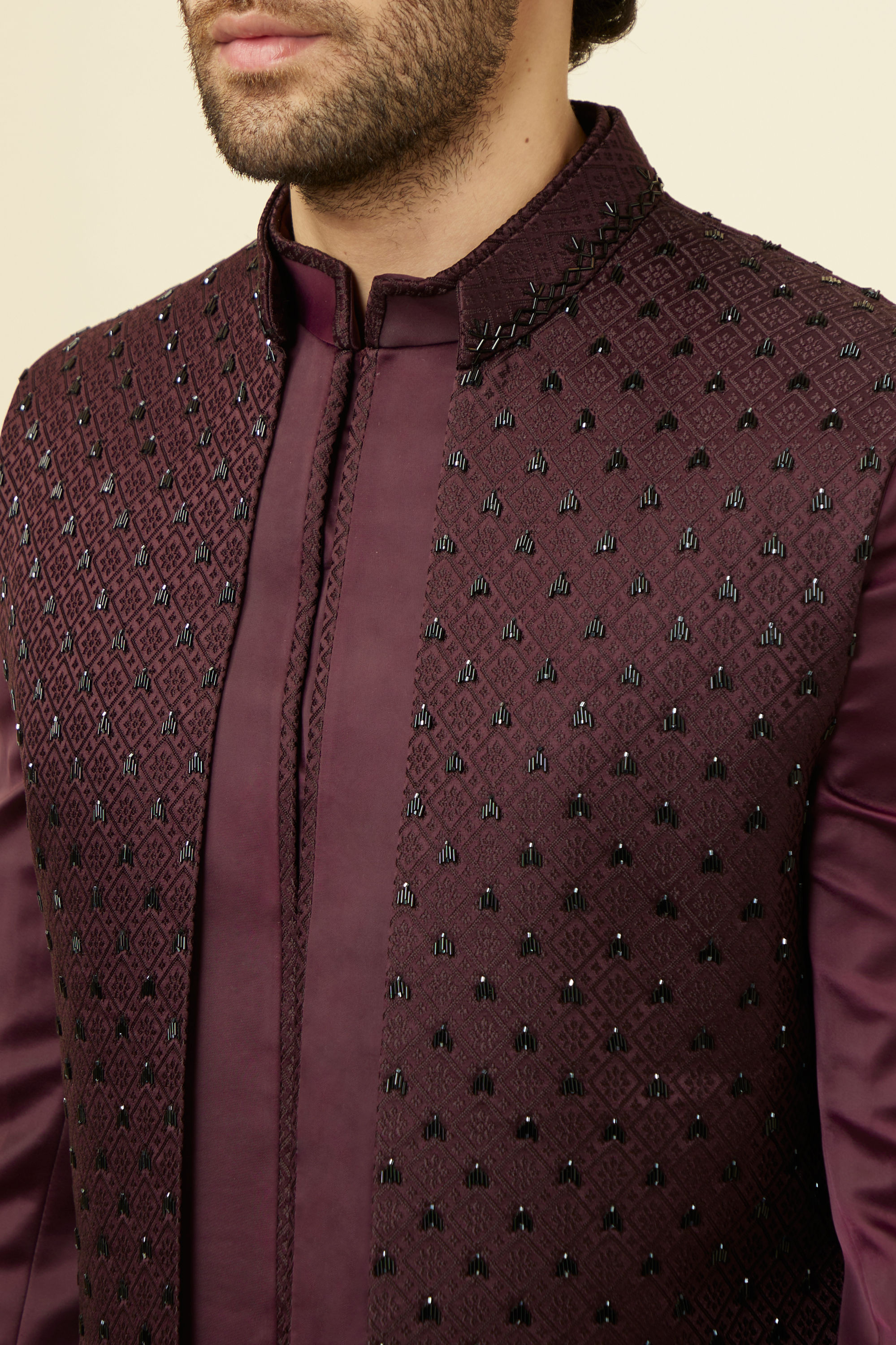 Manyavar Men Mauve Wine Chaukadi Patterned Indo Western Set