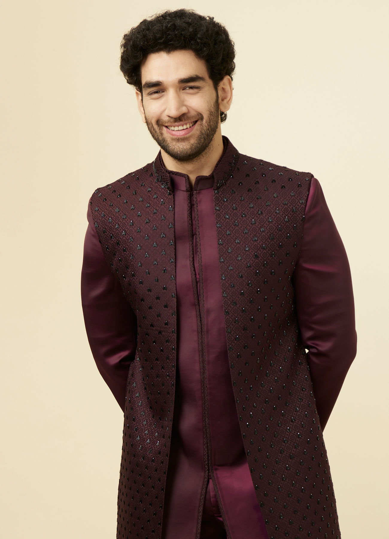 Manyavar Men Mauve Wine Chaukadi Patterned Indo Western Set