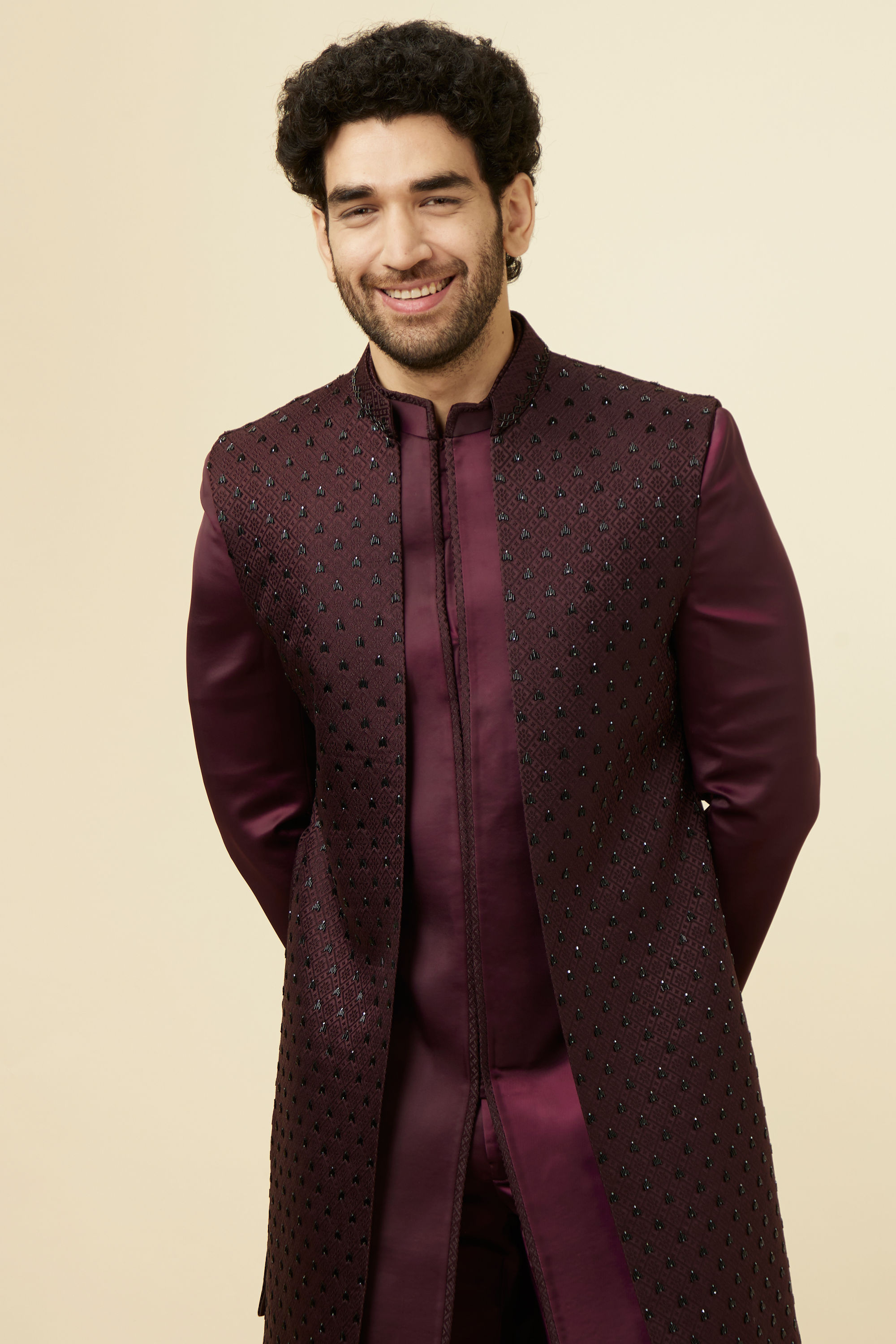 Manyavar Men Mauve Wine Chaukadi Patterned Indo Western Set