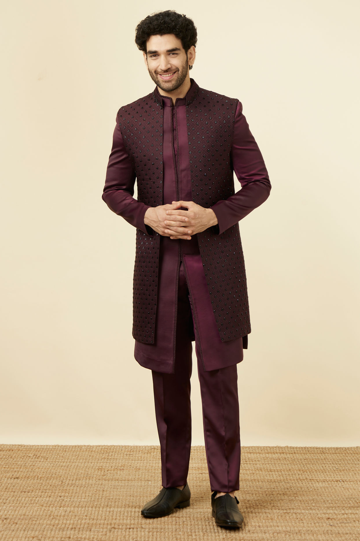 Manyavar Men Mauve Wine Chaukadi Patterned Indo Western Set