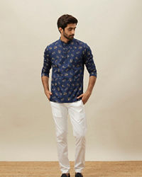 Manyavar Men Twilight Blue Floral Printed Short Kurta