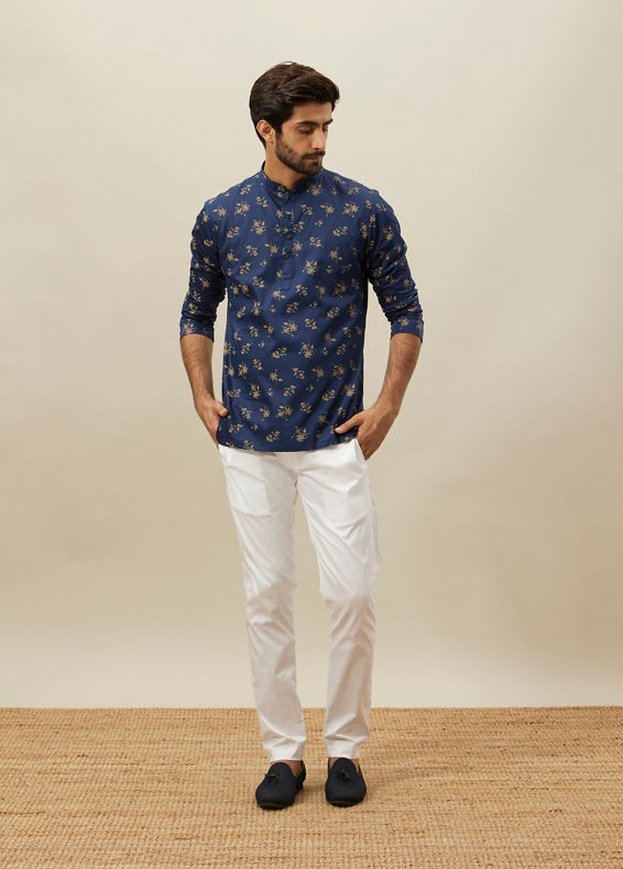 Manyavar Men Twilight Blue Floral Printed Short Kurta