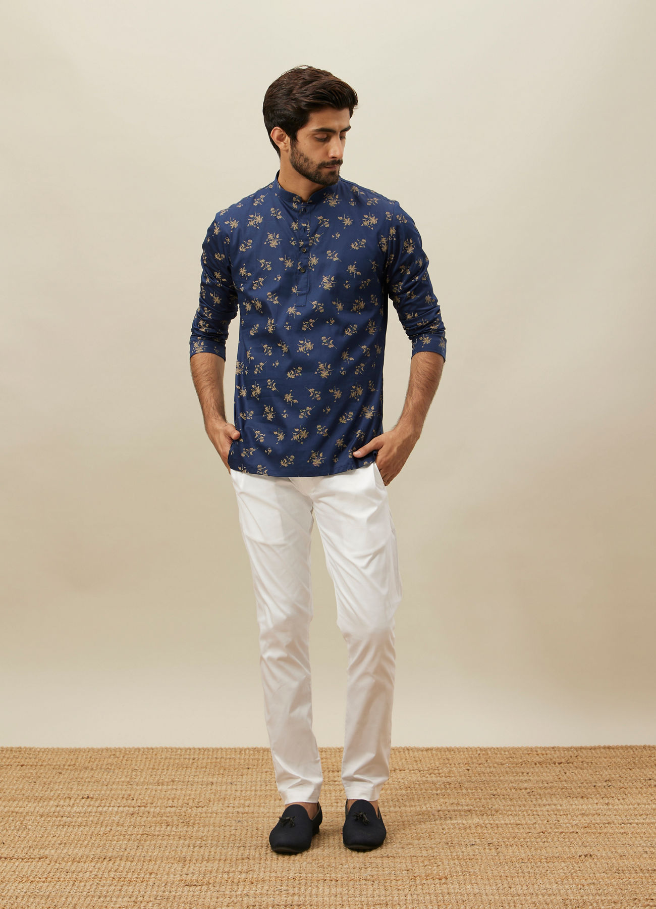 Manyavar Men Twilight Blue Floral Printed Short Kurta