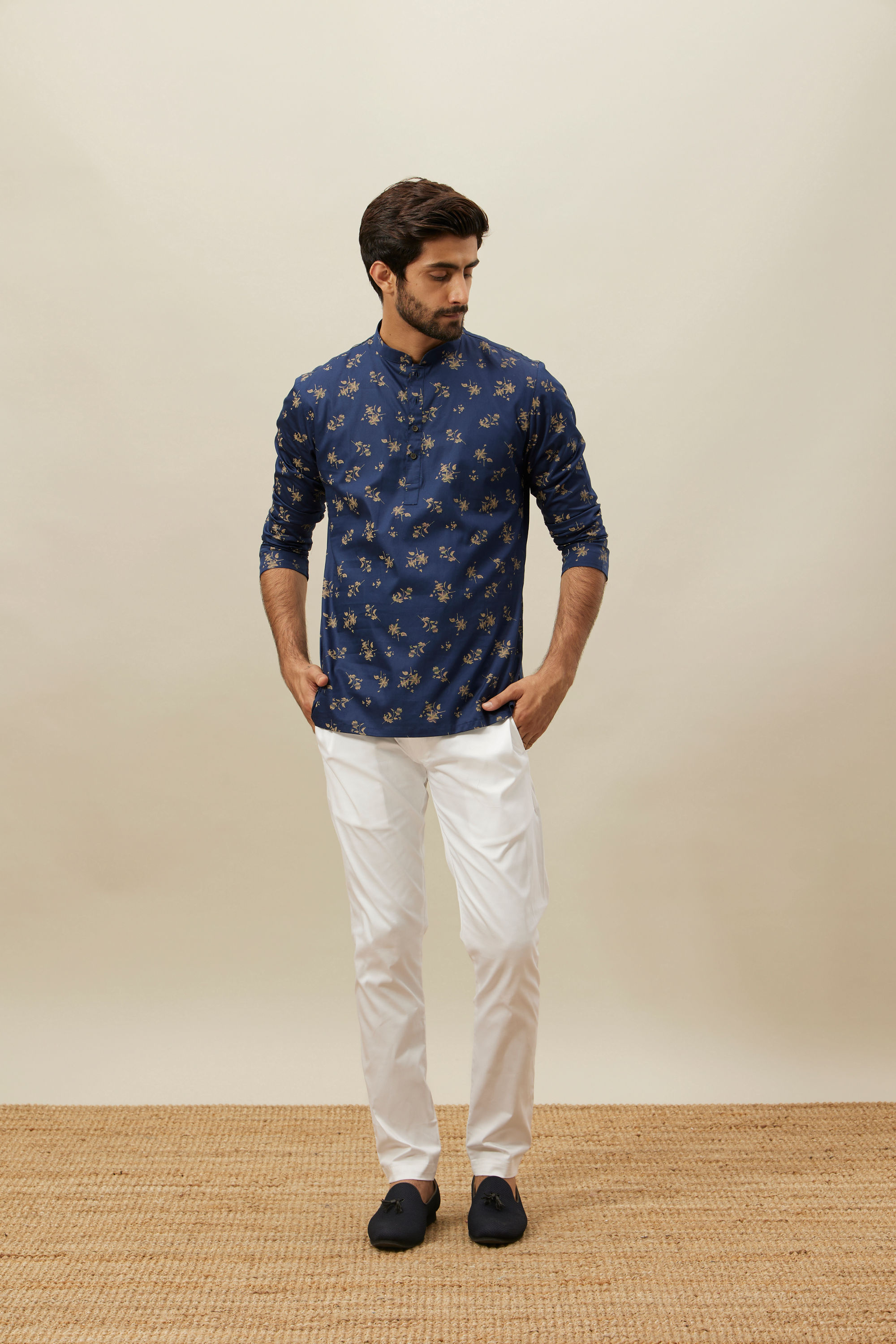 Manyavar Men Twilight Blue Floral Printed Short Kurta