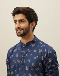 Manyavar Men Twilight Blue Floral Printed Short Kurta