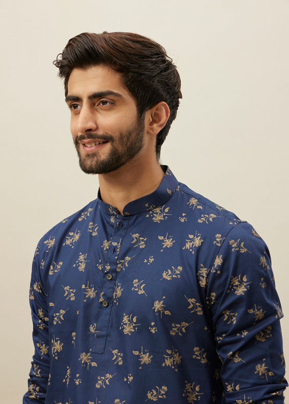 Manyavar Men Twilight Blue Floral Printed Short Kurta