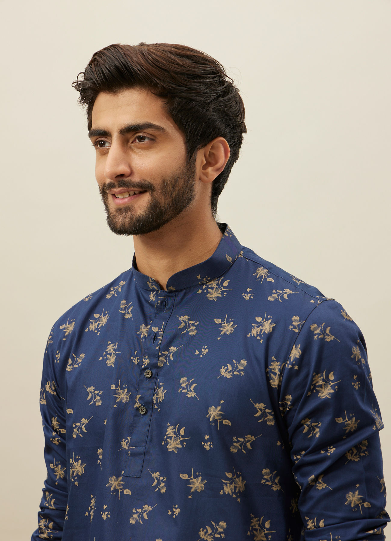 Manyavar Men Twilight Blue Floral Printed Short Kurta