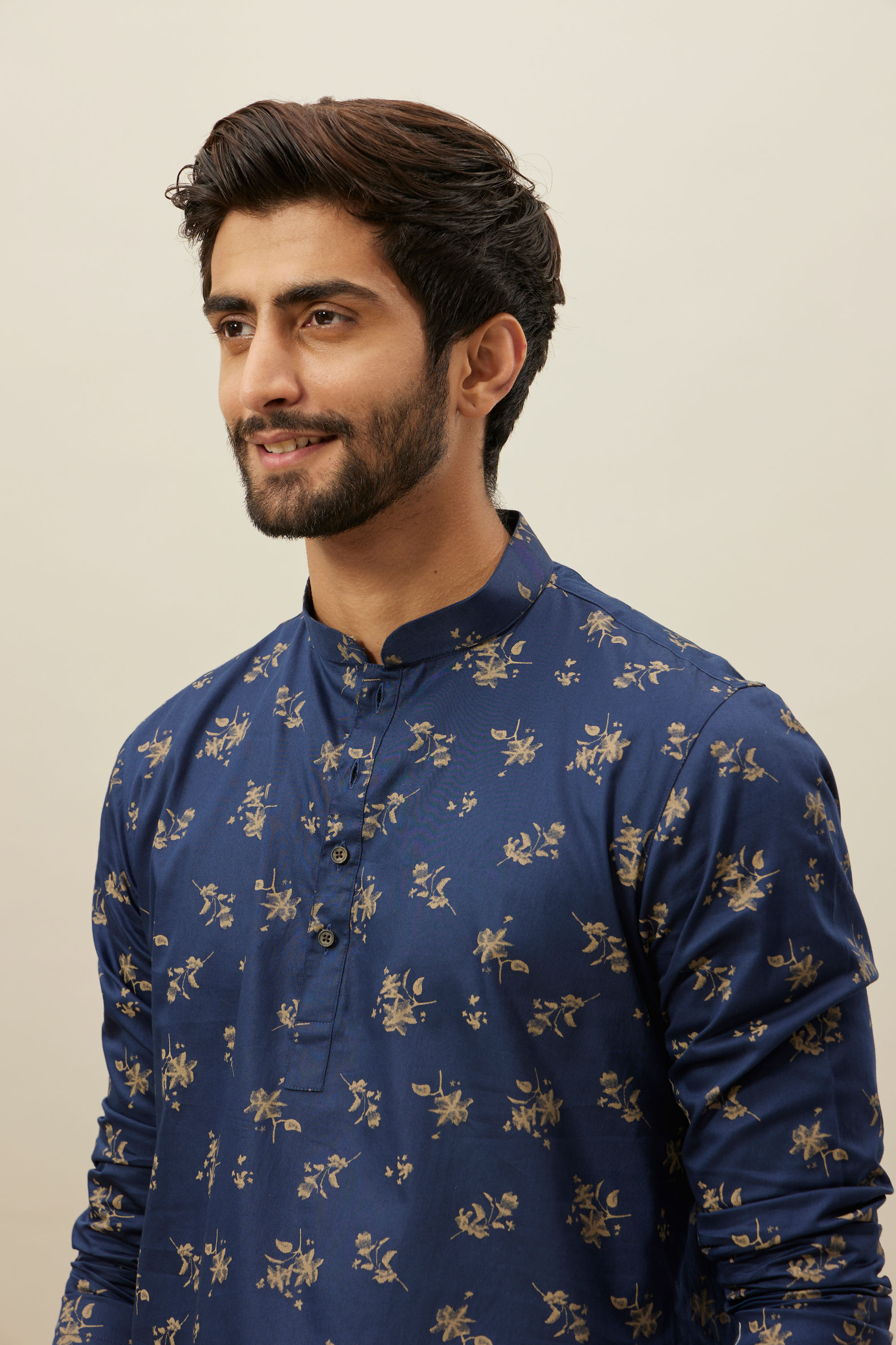 Manyavar Men Twilight Blue Floral Printed Short Kurta