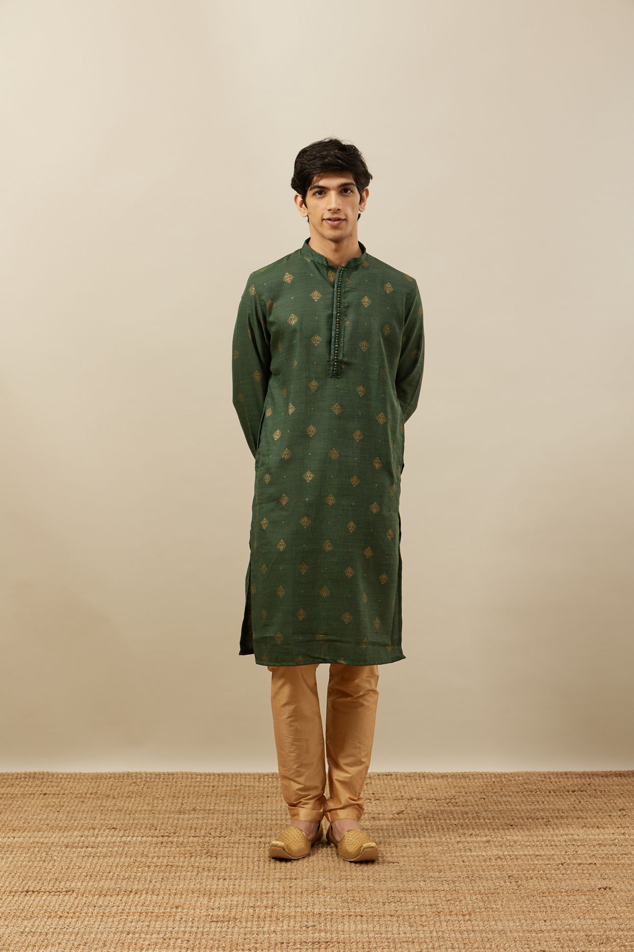 Manyavar Men Forest Green Kurta Set with Medallion Prints