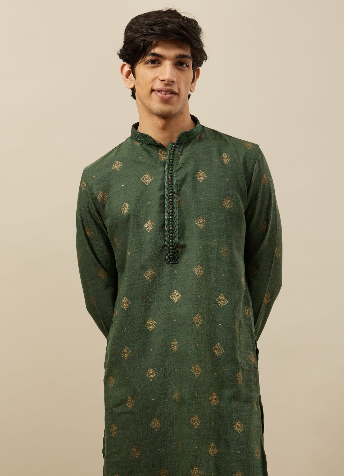 Manyavar Men Forest Green Kurta Set with Medallion Prints