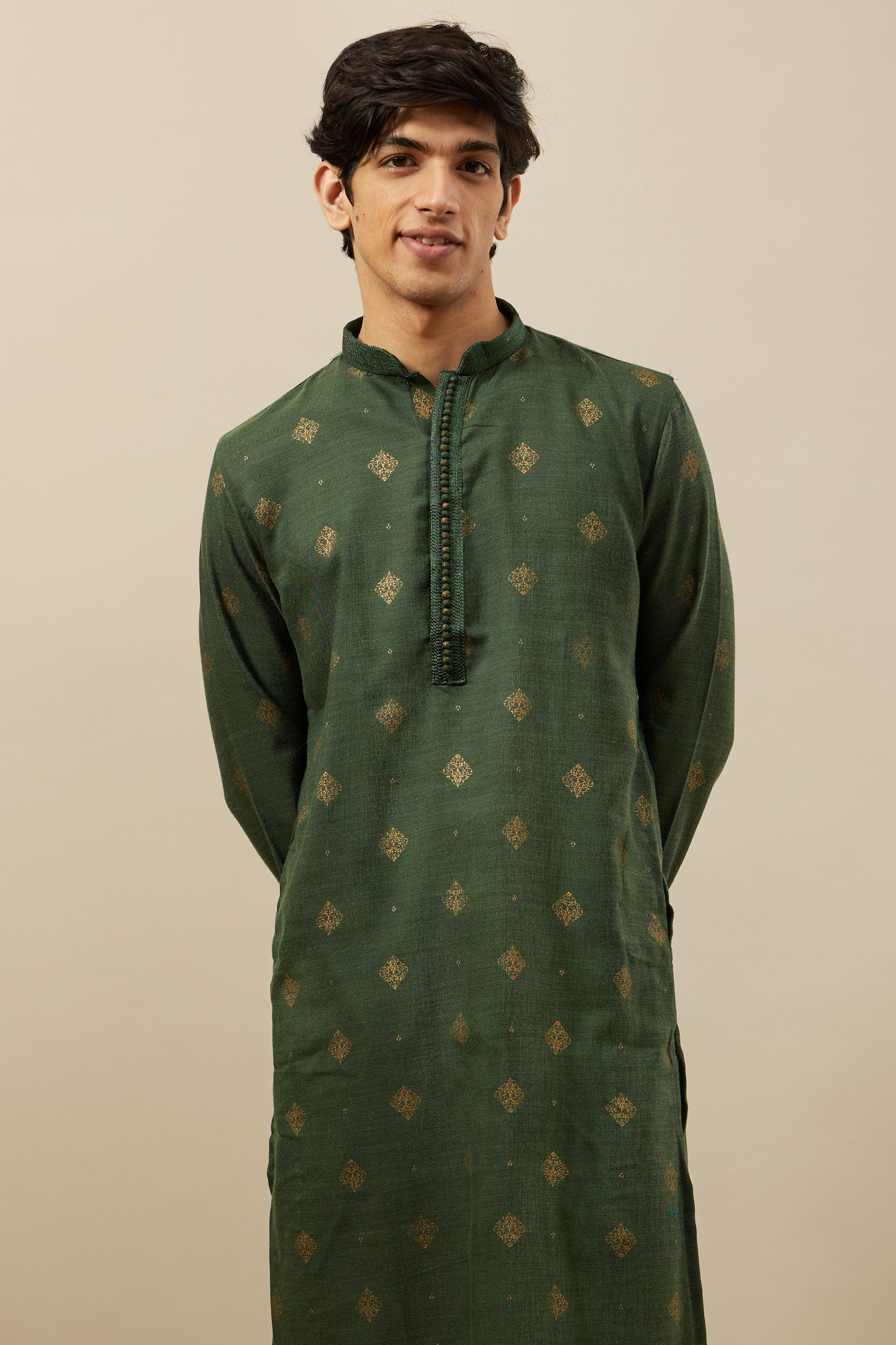 Manyavar Men Forest Green Kurta Set with Medallion Prints