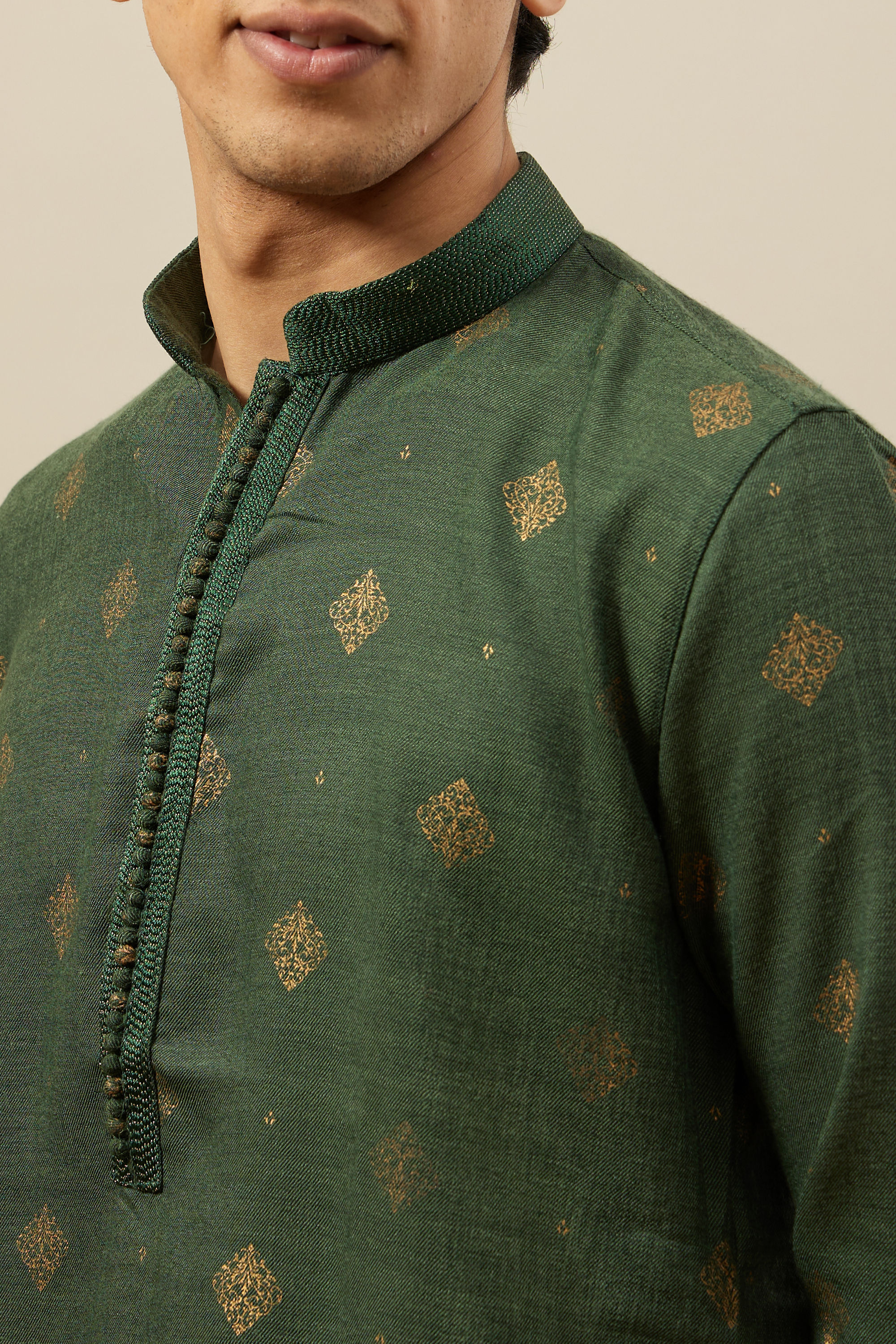 Manyavar Men Forest Green Kurta Set with Medallion Prints
