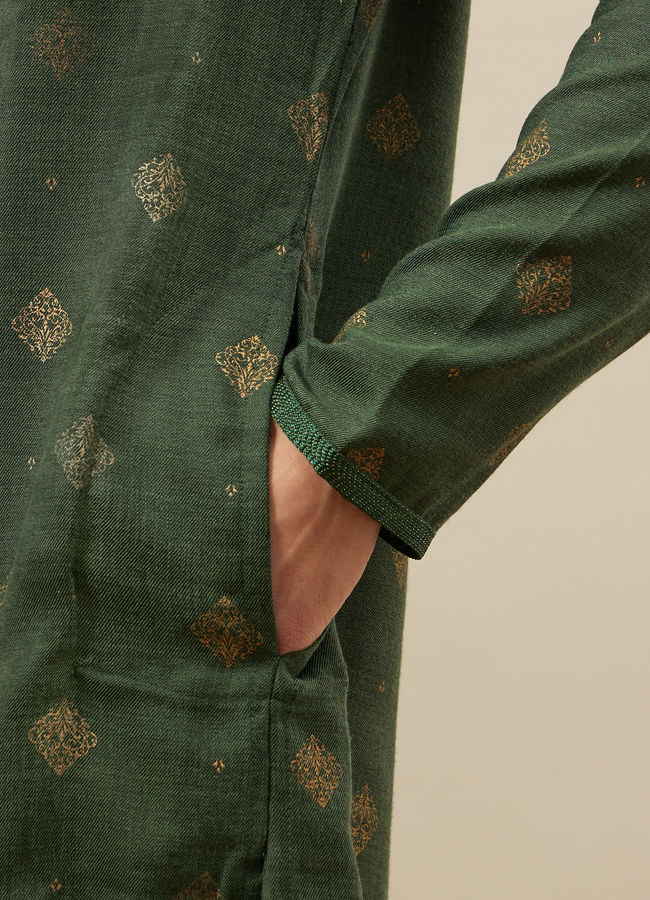 Manyavar Men Forest Green Kurta Set with Medallion Prints