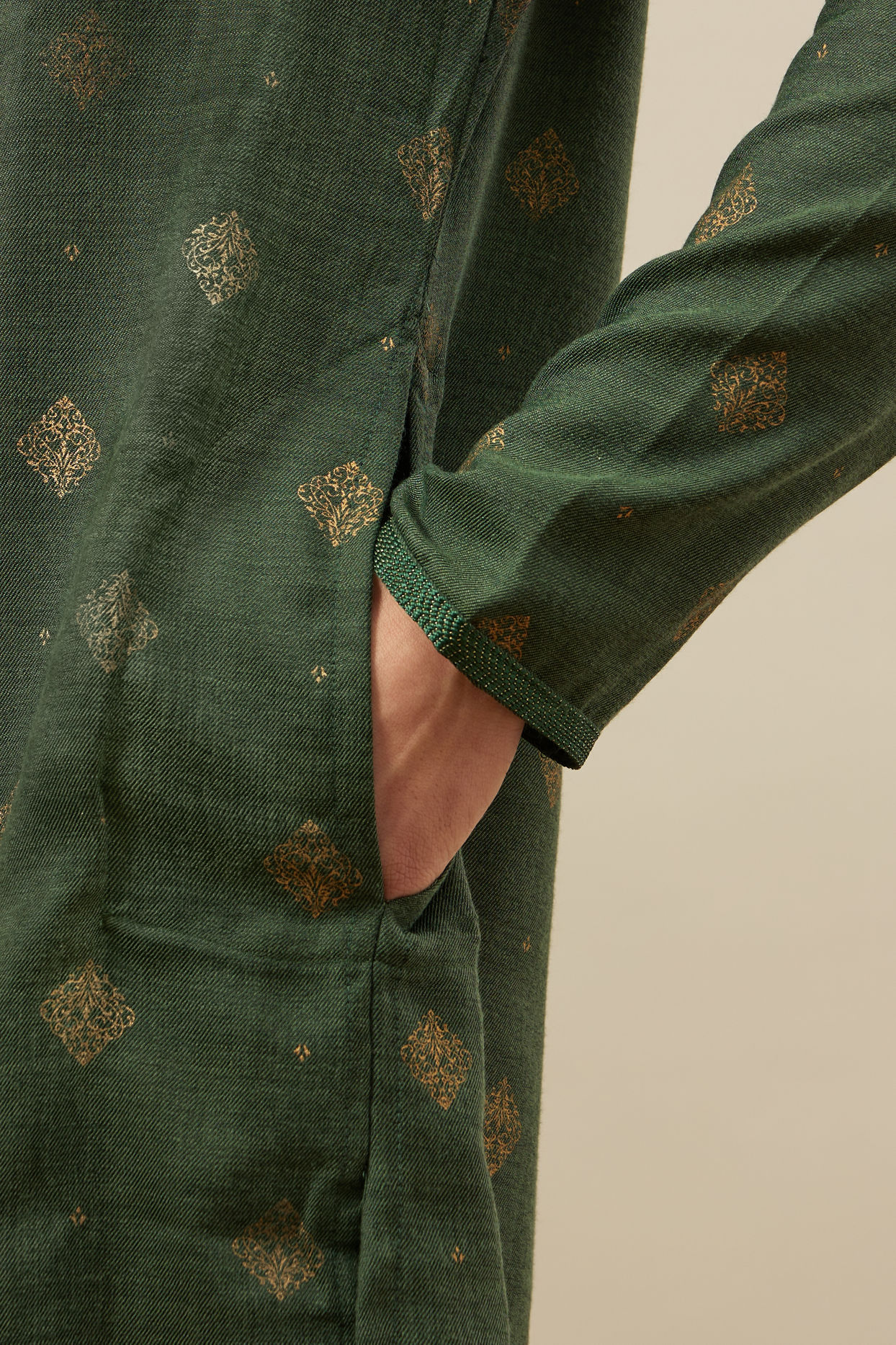 Manyavar Men Forest Green Kurta Set with Medallion Prints