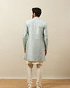 alt message - Manyavar Men Turquoise Blue Bel Buti Patterned Layered Indo Western Set image number 4