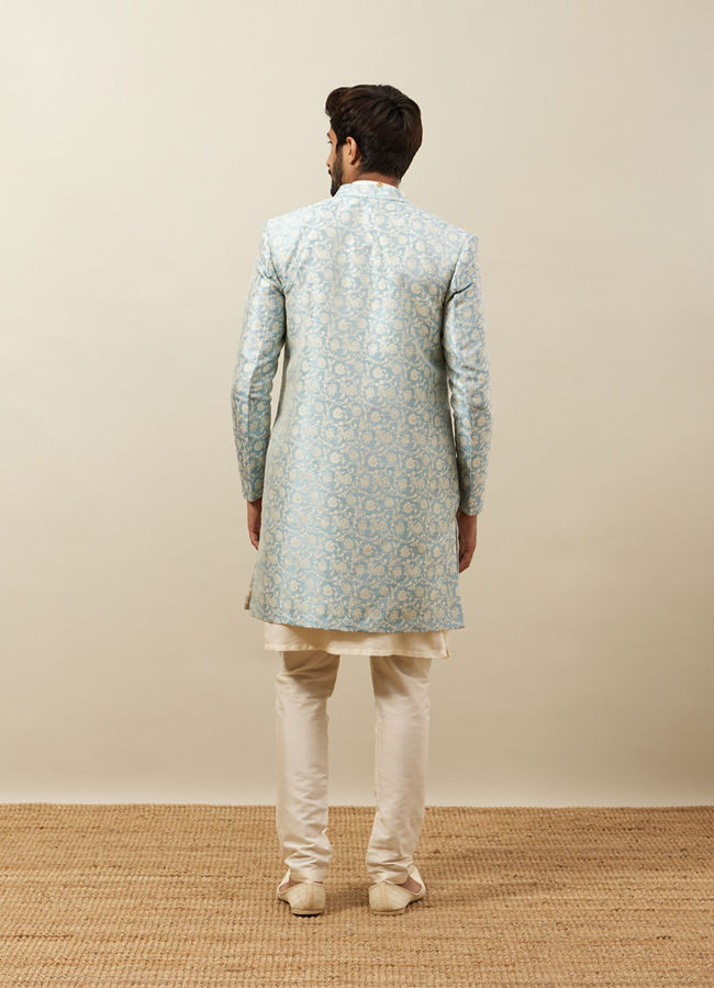 alt message - Manyavar Men Turquoise Blue Bel Buti Patterned Layered Indo Western Set image number 4