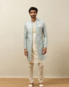 Manyavar Men Turquoise Blue Bel Buti Patterned Layered Indo Western Set