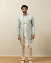 alt message - Manyavar Men Turquoise Blue Bel Buti Patterned Layered Indo Western Set image number 2