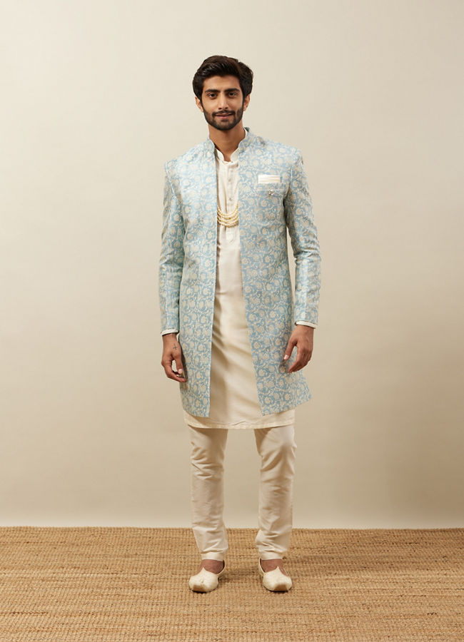 alt message - Manyavar Men Turquoise Blue Bel Buti Patterned Layered Indo Western Set image number 2