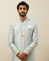 alt message - Manyavar Men Turquoise Blue Bel Buti Patterned Layered Indo Western Set image number 0