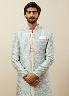 Manyavar Men Turquoise Blue Bel Buti Patterned Layered Indo Western Set