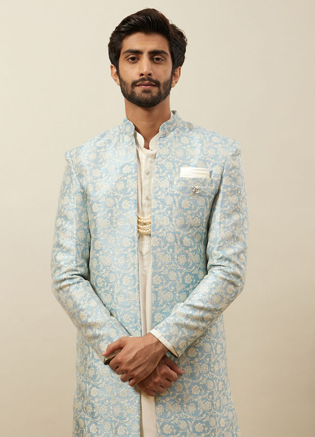 Manyavar Men Turquoise Blue Bel Buti Patterned Layered Indo Western Set
