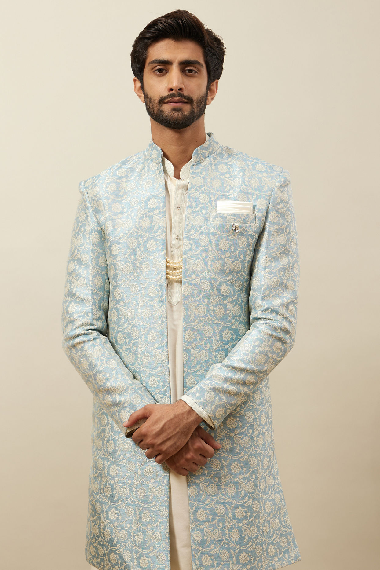 Manyavar Men Turquoise Blue Bel Buti Patterned Layered Indo Western Set