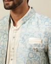 Manyavar Men Turquoise Blue Bel Buti Patterned Layered Indo Western Set