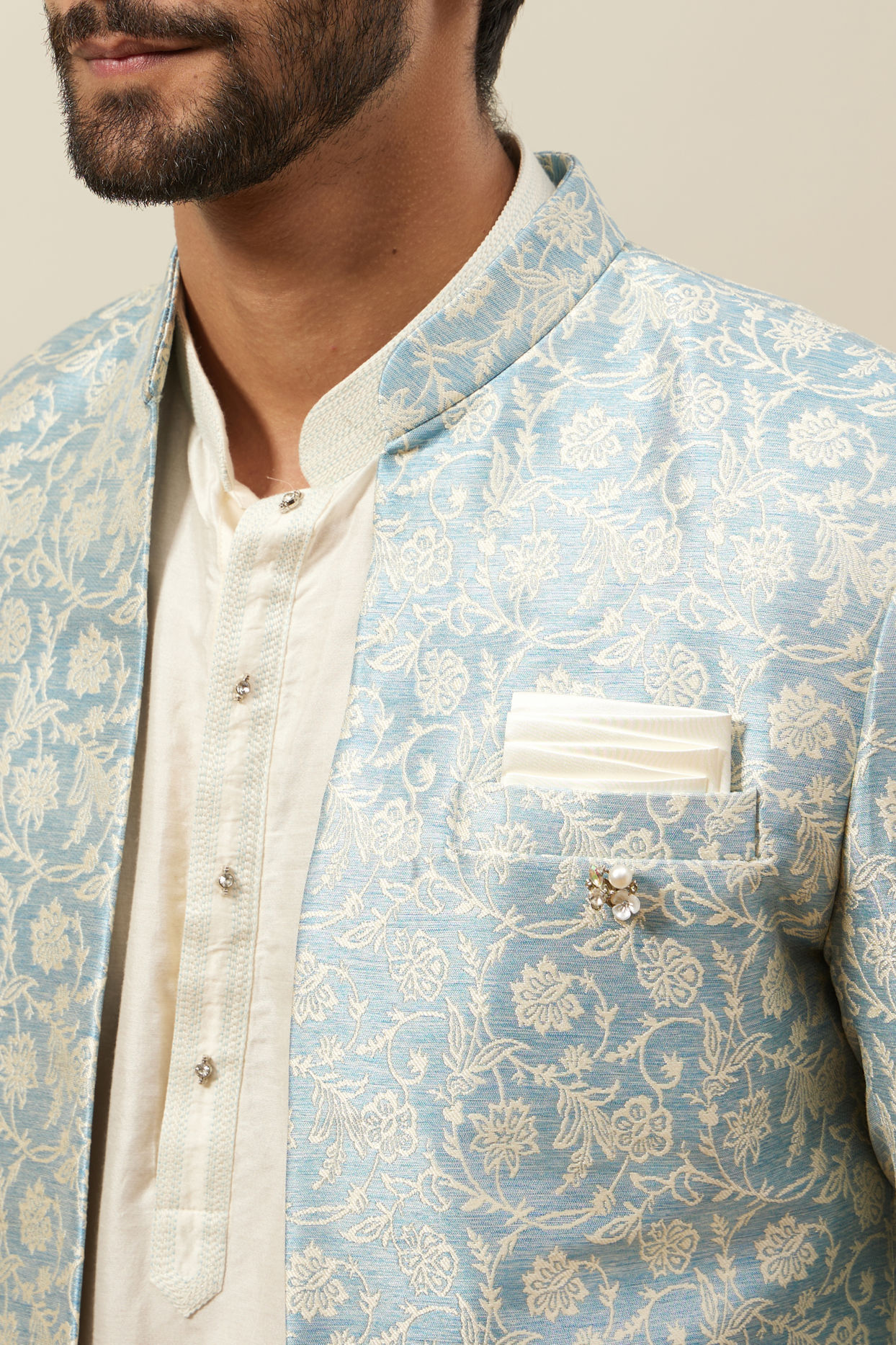 Manyavar Men Turquoise Blue Bel Buti Patterned Layered Indo Western Set