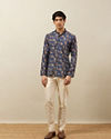 alt message - Manyavar Men Twilight Blue Floral Patterned Short Kurta image number 2