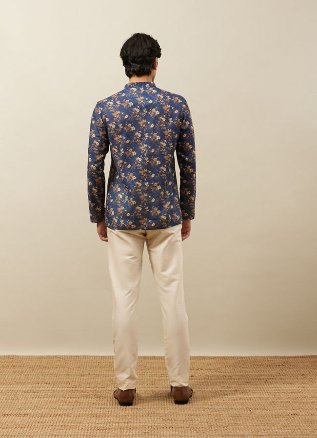 alt message - Manyavar Men Twilight Blue Floral Patterned Short Kurta image number 3