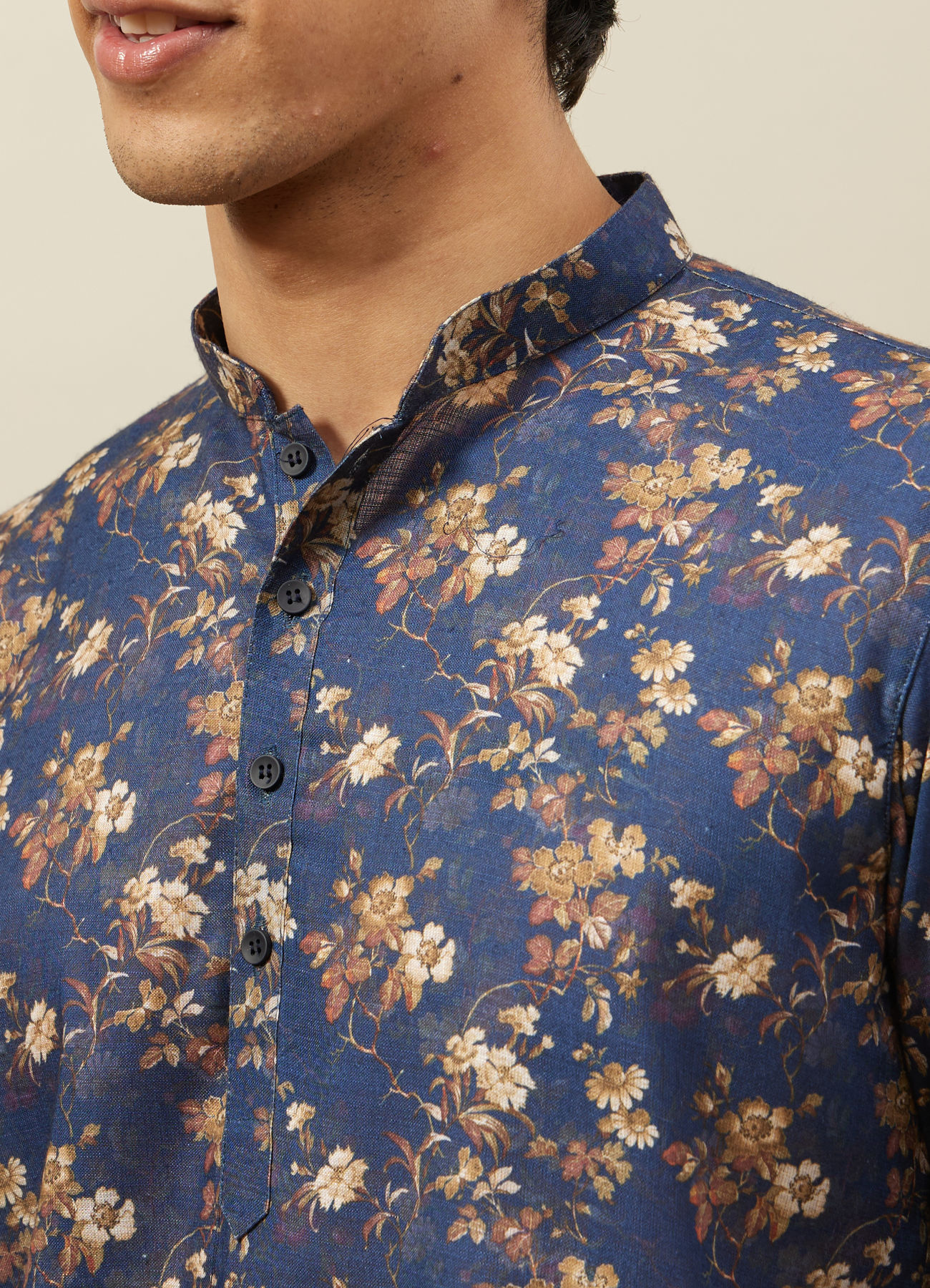 Manyavar Men Twilight Blue Floral Patterned Short Kurta