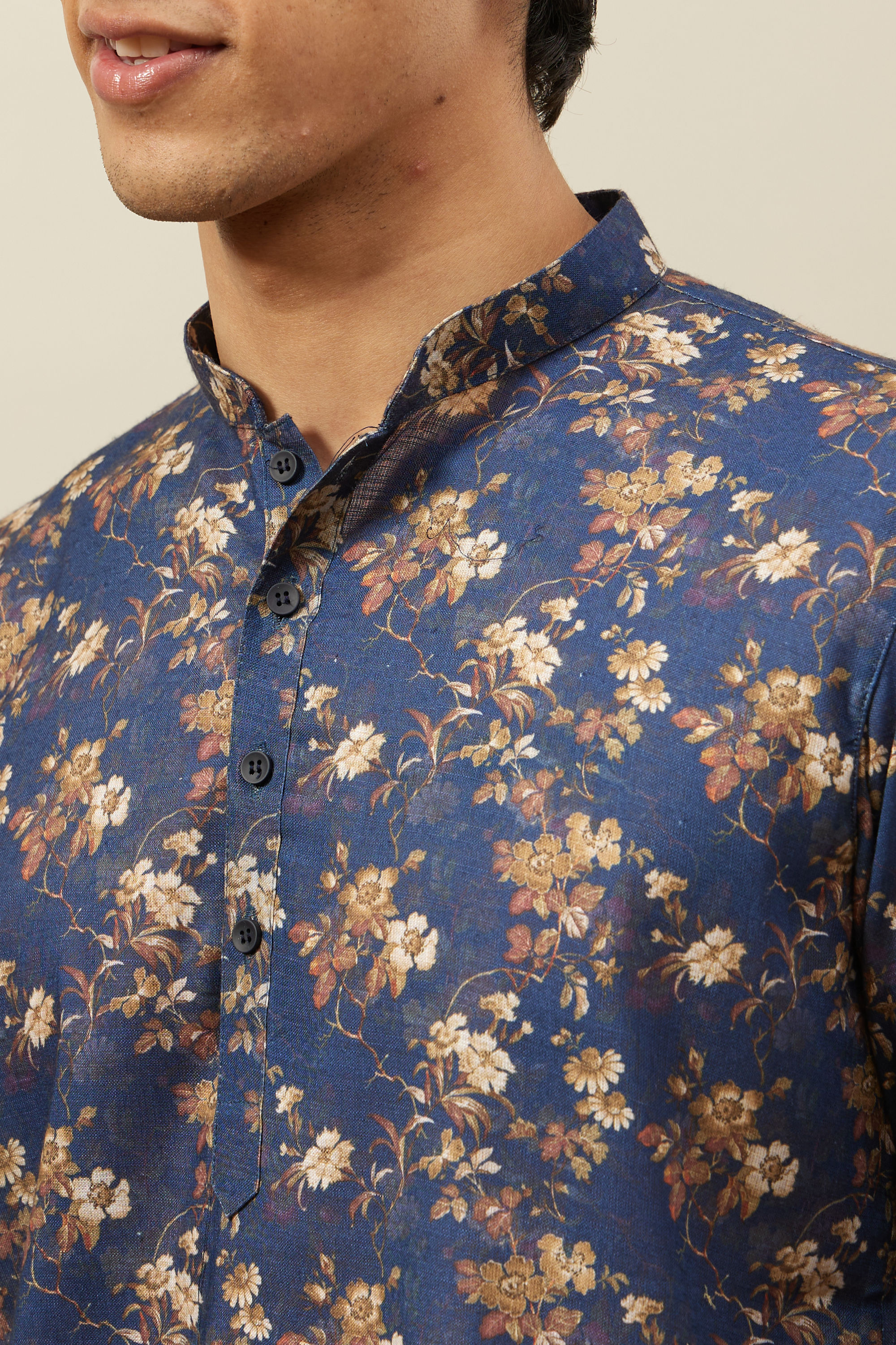 Manyavar Men Twilight Blue Floral Patterned Short Kurta