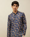 alt message - Manyavar Men Twilight Blue Floral Patterned Short Kurta image number 0